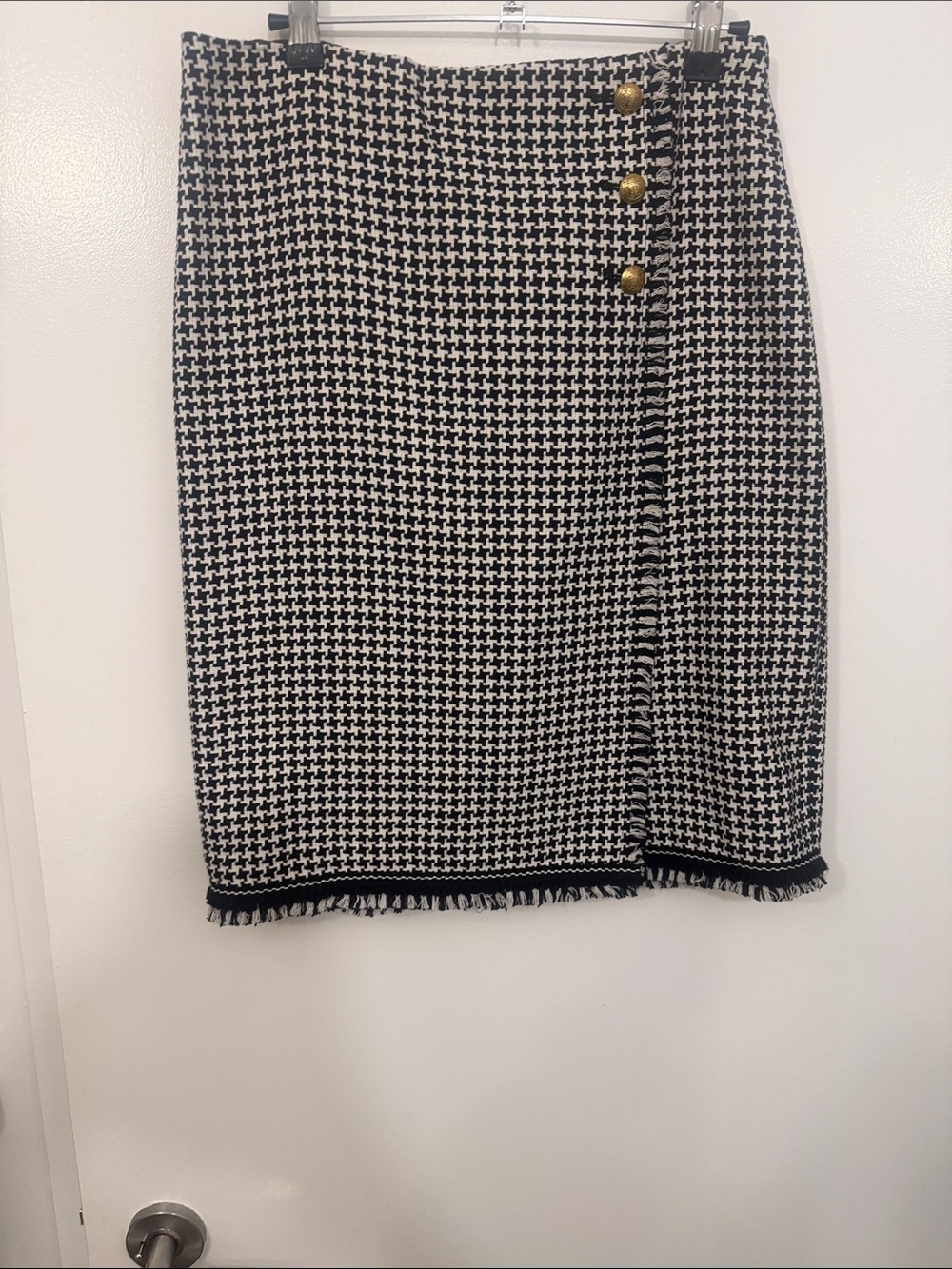 Talbots Black and White Houndstooth Pencil Skirt with Gold Buttons